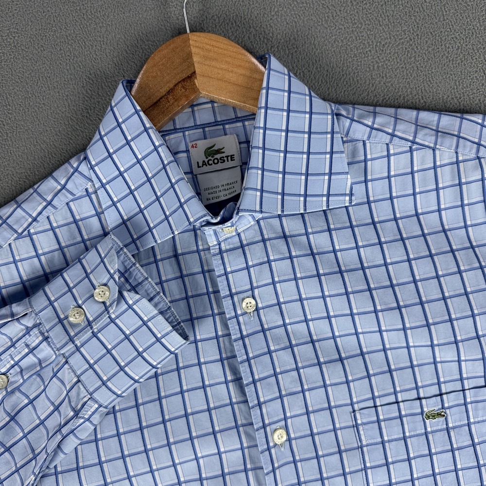 Lacoste Shirt 42 Large Blue White Check Crocodile Logo Office Prep Old Money